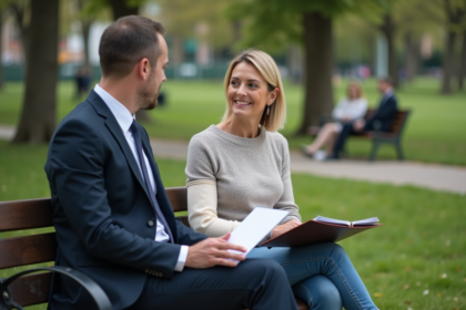 Femme assise sur un banc de parc parlant à un avocat
