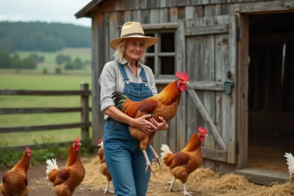 Femme en salopette avec coq dans la ferme