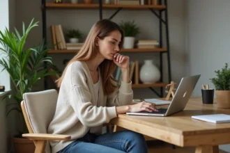 Femme concentrée utilisant son ordinateur pour un quiz animal totem
