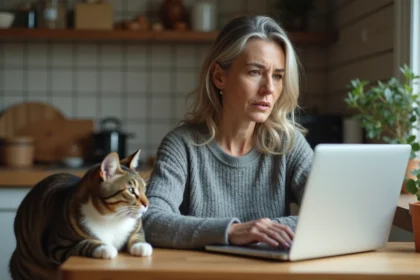 Femme inquiète cherchant des informations sur les antibiotiques pour chat en ligne avec son chat sur la table