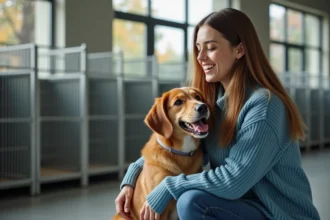 Jeune femme caressant un chien rescue dans un centre animalier