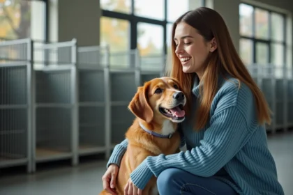 Jeune femme caressant un chien rescue dans un centre animalier