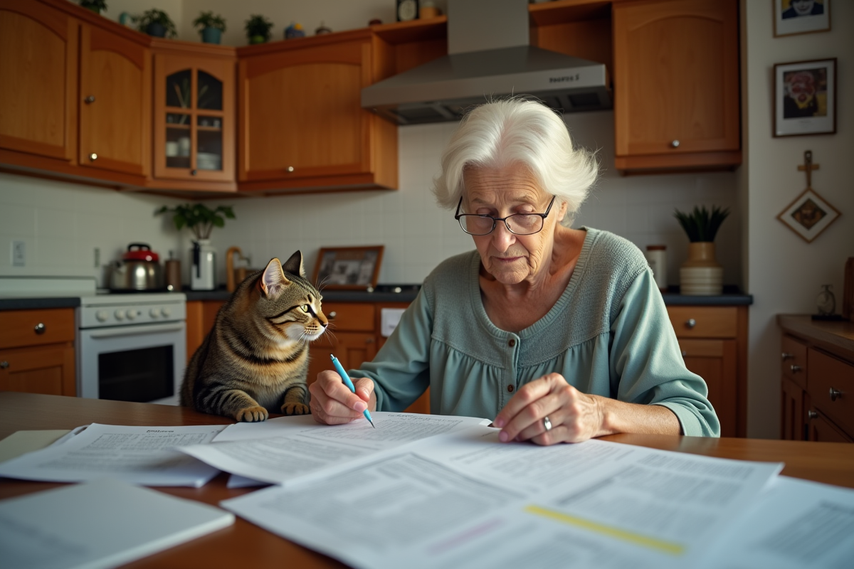 Femme âgée remplissant formulaires avec chat à côté