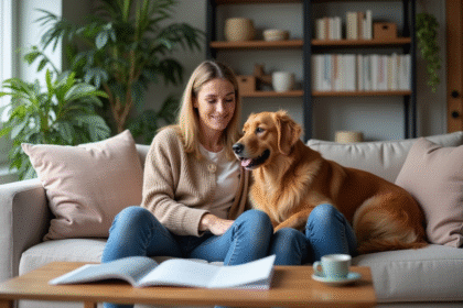Femme assise avec son chien retriever regardant des brochures d'assurance