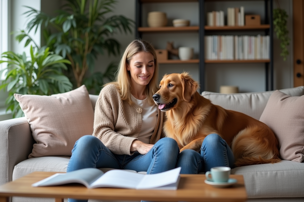 Femme assise avec son chien retriever regardant des brochures d'assurance