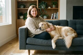 Femme en pull doux avec un retriever doré sur ses genoux