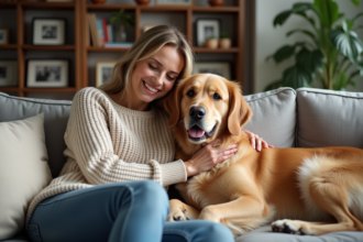 Femme caressant un retriever dans un salon chaleureux