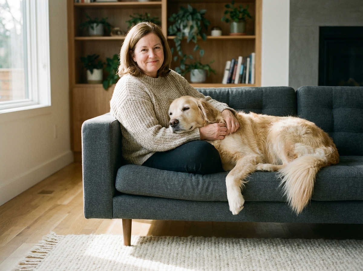 Femme en pull doux avec un retriever doré sur ses genoux