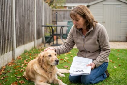 Femme et chien retriever en extérieur pour assurance