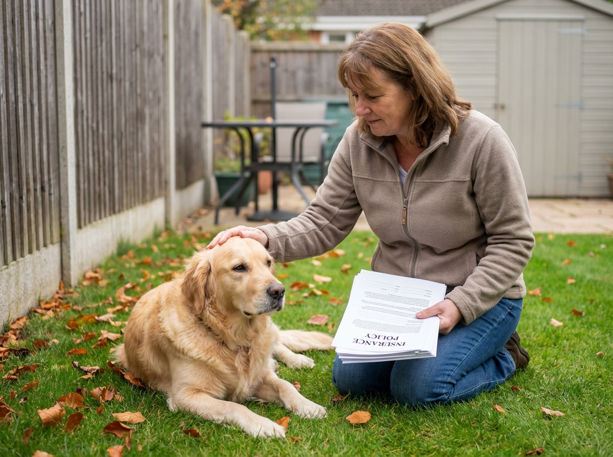 Femme et chien retriever en extérieur pour assurance