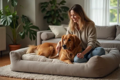 Femme souriante avec retriever dans grand lit pour chien