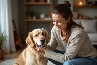 Femme caressant un golden retriever dans un salon chaleureux