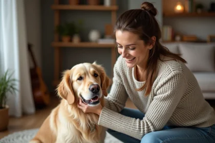 Femme caressant un golden retriever dans un salon chaleureux