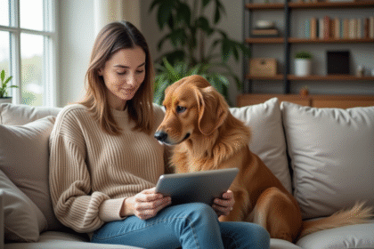 Femme avec chien golden retriever dans le salon