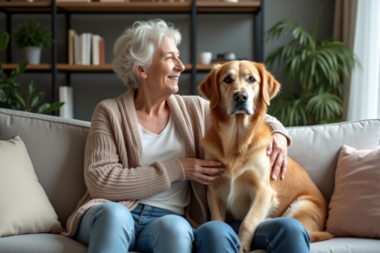Femme senior avec son chien golden retriever dans un salon chaleureux