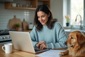 Femme consultant son espace adhérent Assur O'Poil sur un ordinateur portable pour suivre un remboursement assurance animaux