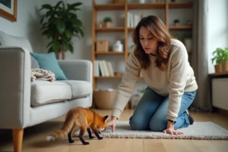 Femme surprise découvrant un petit renard dans son salon