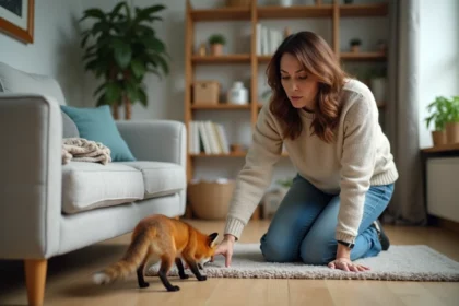 Femme surprise découvrant un petit renard dans son salon