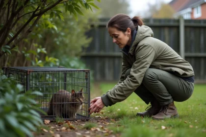 Femme en plein air vérifiant une trappe à chat dans un jardin suburbain