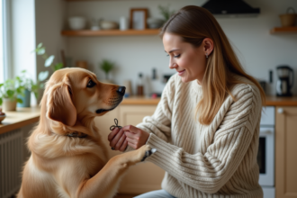 Femme coupant doucement la patte d’un retriever doré dans une cuisine lumineuse