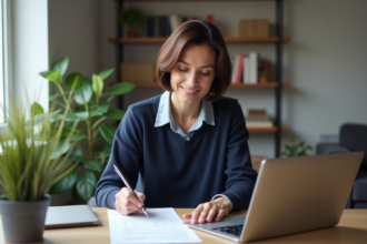 Femme à la maison vérifiant factures vétérinaire