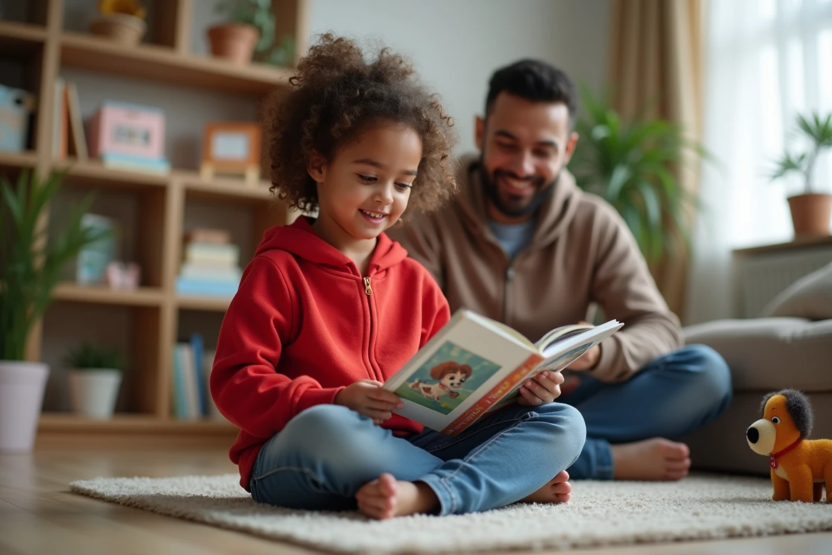 Fille de 6 ans lit un livre avec son père dans le salon