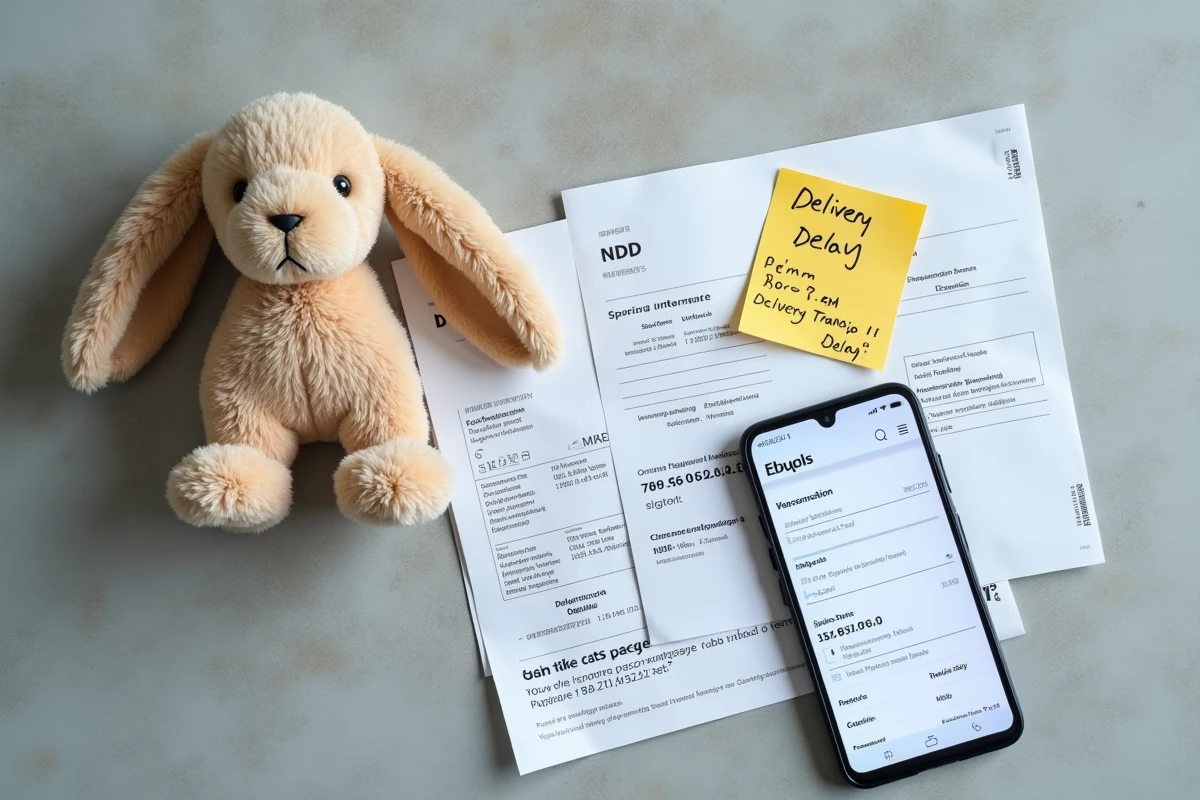 Vue de dessus d'un jouet-lapin en peluche entouré de documents douaniers, d'un reçu de paiement et d'un smartphone affichant le suivi de colis depuis la Chine