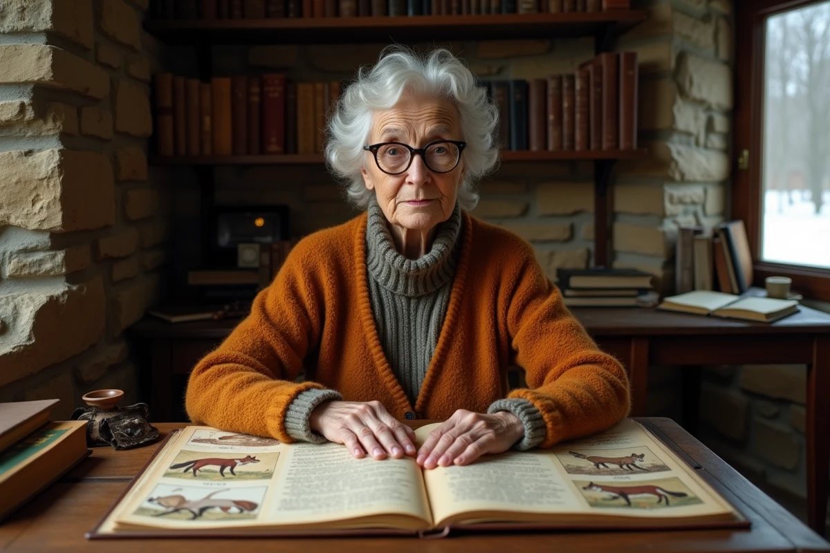 Chercheuse en folklore âgée consultant des manuscrits anciens illustrés de renards mythologiques dans un bureau rustique