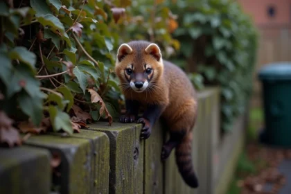 Fouine perchée sur une clôture en bois dans un jardin de banlieue, montrant les caractéristiques typiques de cet animal nocturne nuisible