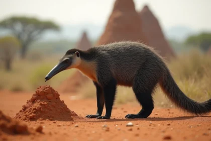 Fourmilier géant utilisant son museau pour sonder une termitière dans la savane sud-américaine