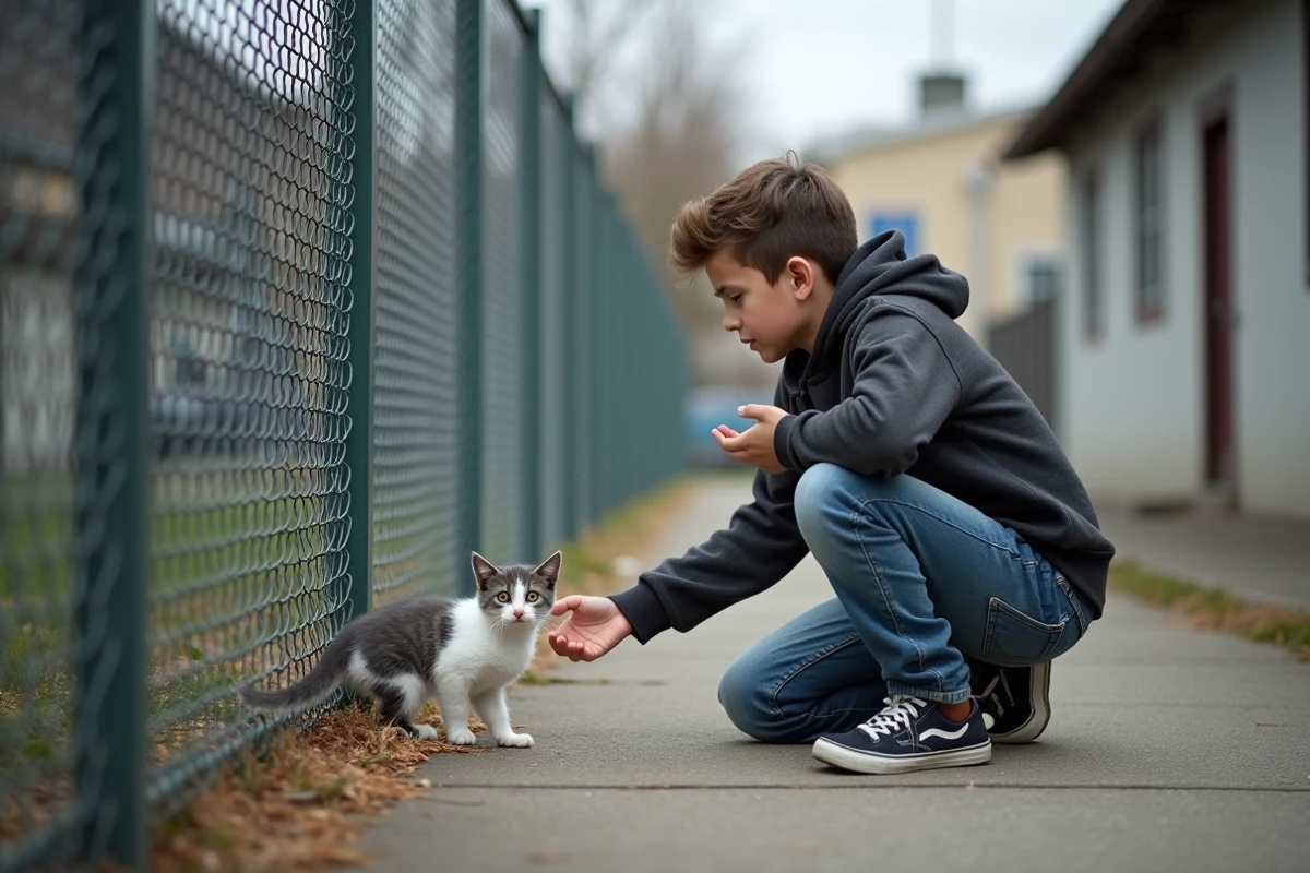 Adolescent avec un chaton blanc et gris près d