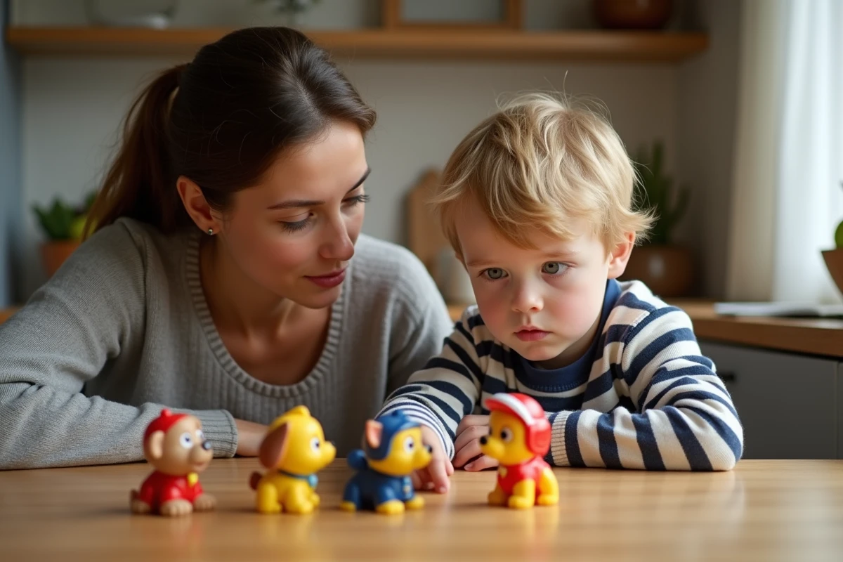 Garçon de 5 ans regarde des figurines Paw Patrol avec sa mère