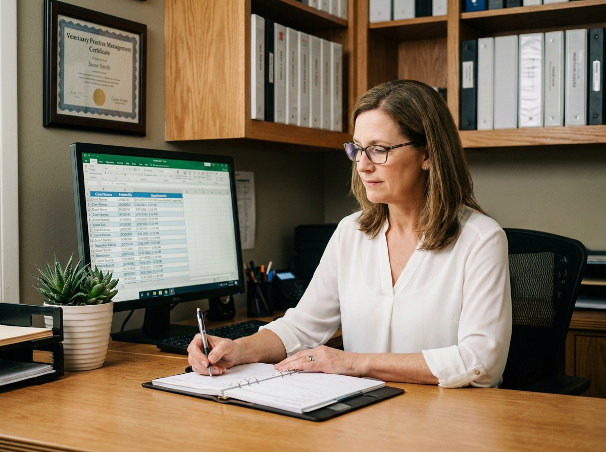 Gestionnaire de clinique vétérinaire travaillant sur un logiciel de gestion professionnelle à son bureau