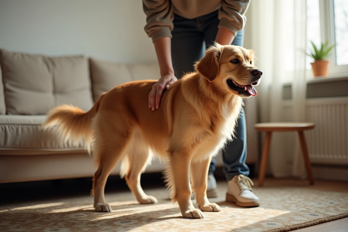 Golden Retriever nain adulte de petite taille debout dans un salon avec son propriétaire, pelage ondulé doré bien entretenu