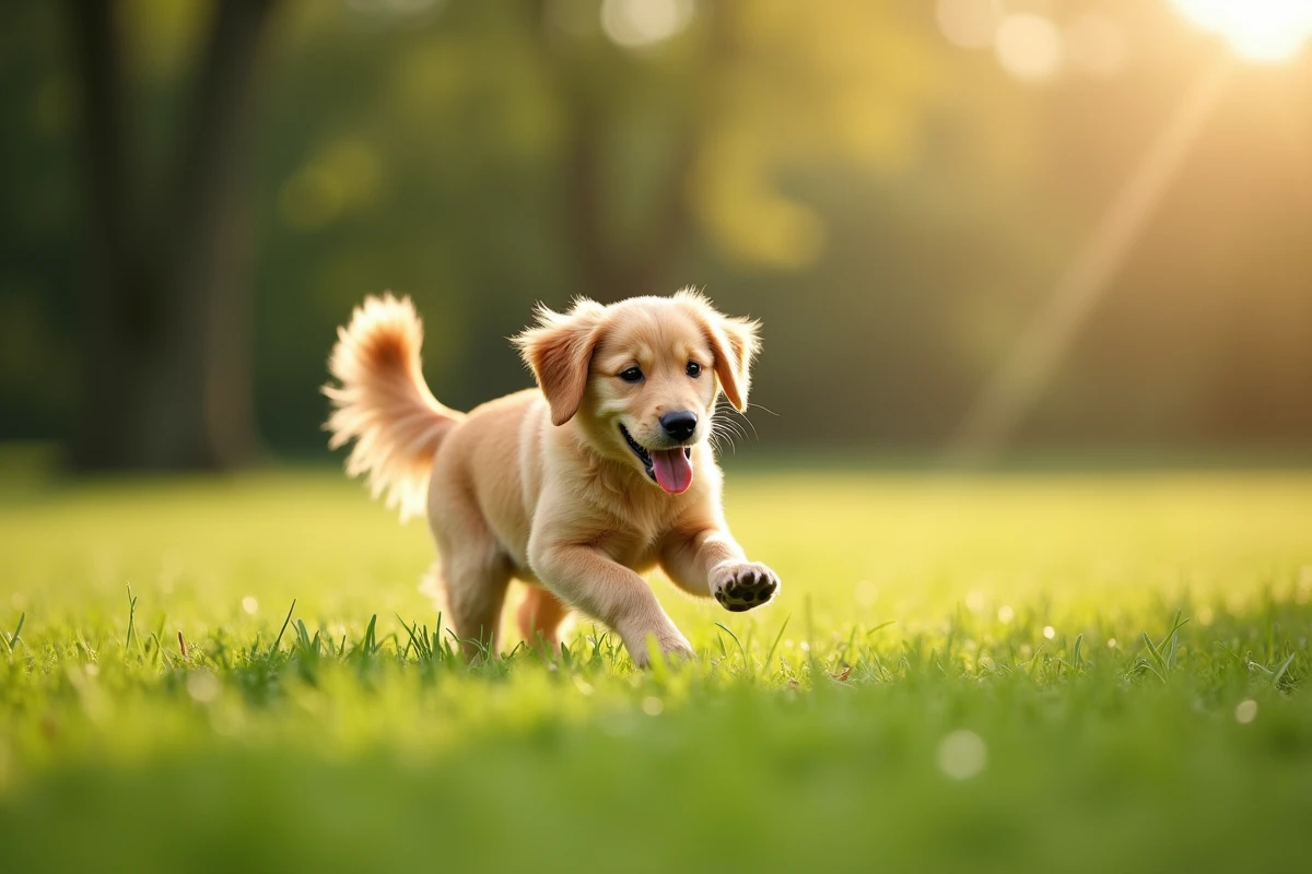 Golden Retriever nain adulte en train de jouer dans une prairie verte, petite stature visible et expression joyeuse