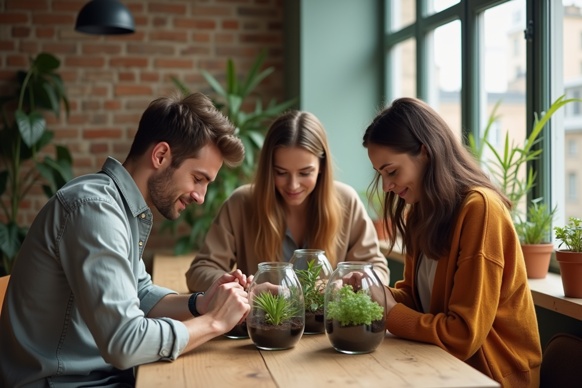 Trois amis travaillant sur des terrariums dans un loft lumineux