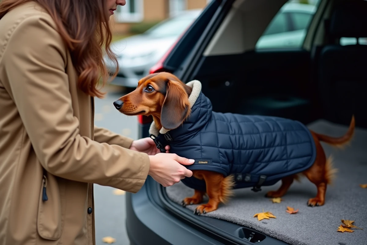 Femme habillant son teckel nain d'un manteau imperméable avant un trajet en voiture en automne