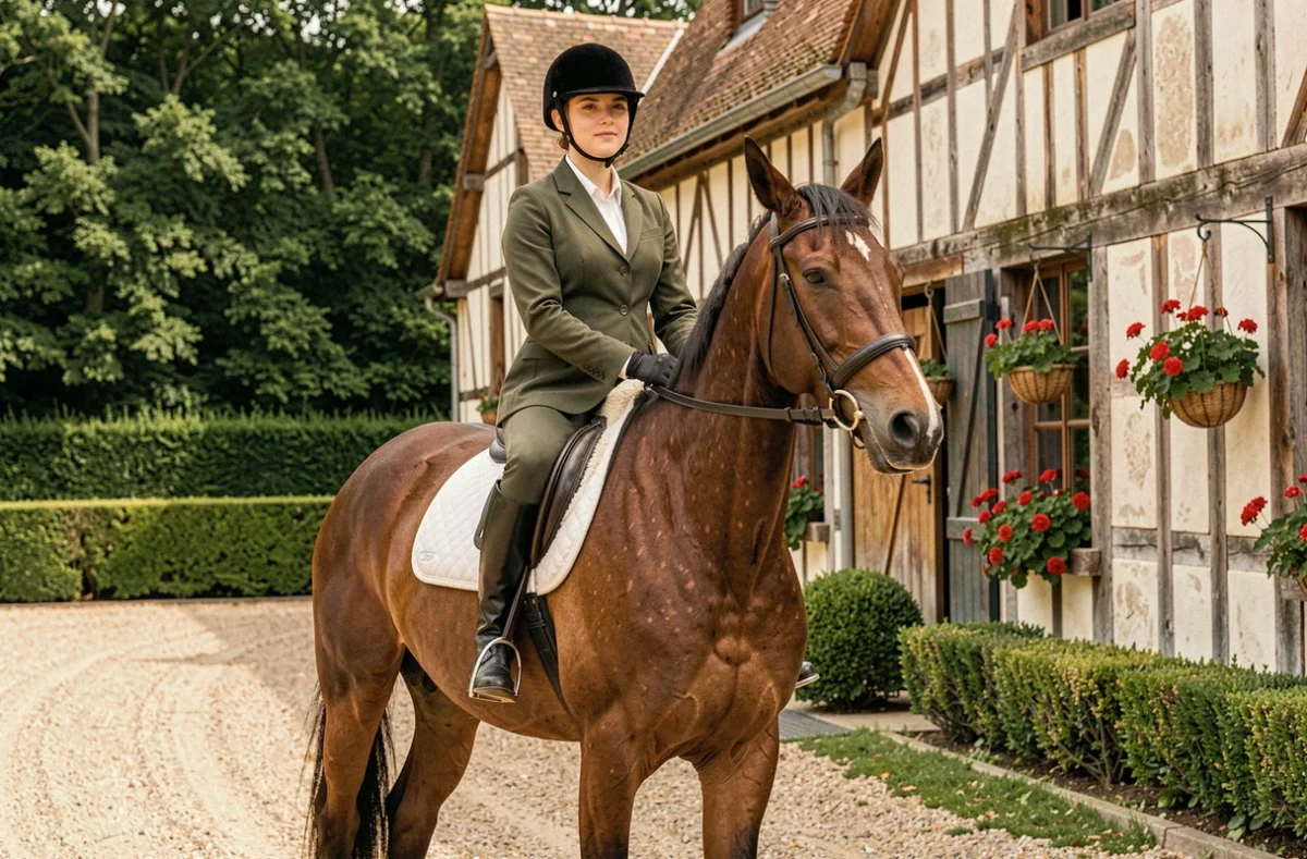 Cavalière élégante sur un pur-sang bai devant les écuries traditionales à colombages du Haras des Loges à Fay-aux-Loges