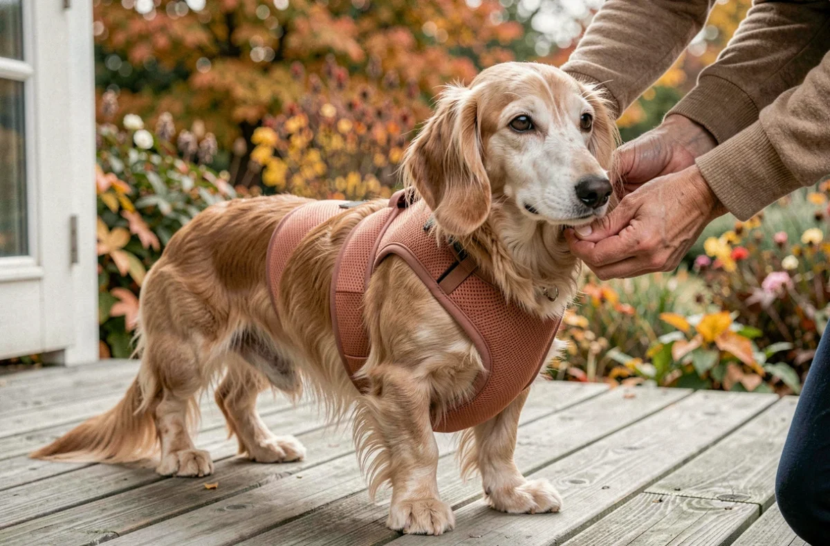Propriétaire ajustant un harnais ergonomique rembourré sur un teckel senior dans un jardin d'automne