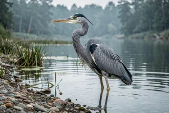 Héron cendré en position de chasse au bord d'une rivière calme, plumage détaillé et reflets dans l'eau
