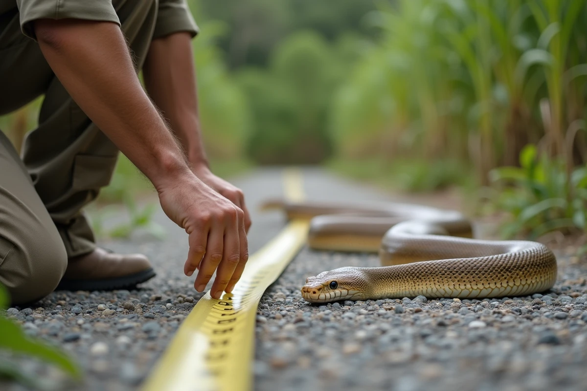 Herpétologue mesurant un grand python birman dans les Everglades de Floride, écailles jaunes et brunes visibles en détail