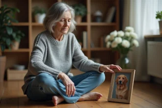 Femme tenant avec émotion le portrait encadré de son chien décédé lors d'une cérémonie d'hommage à domicile