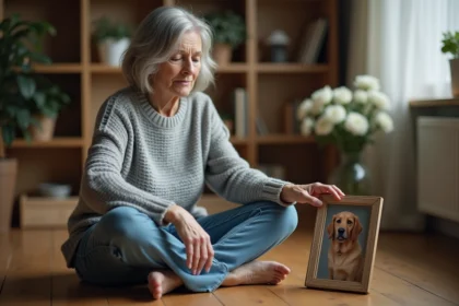 Femme tenant avec émotion le portrait encadré de son chien décédé lors d'une cérémonie d'hommage à domicile