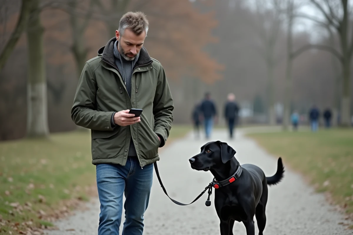 Homme consultant l'application de suivi GPS sur son téléphone avec son labrador en laisse dans un parc urbain