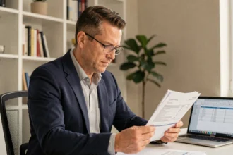 Homme d'affaires examinant des documents d'assurance emprunteur à son bureau à domicile