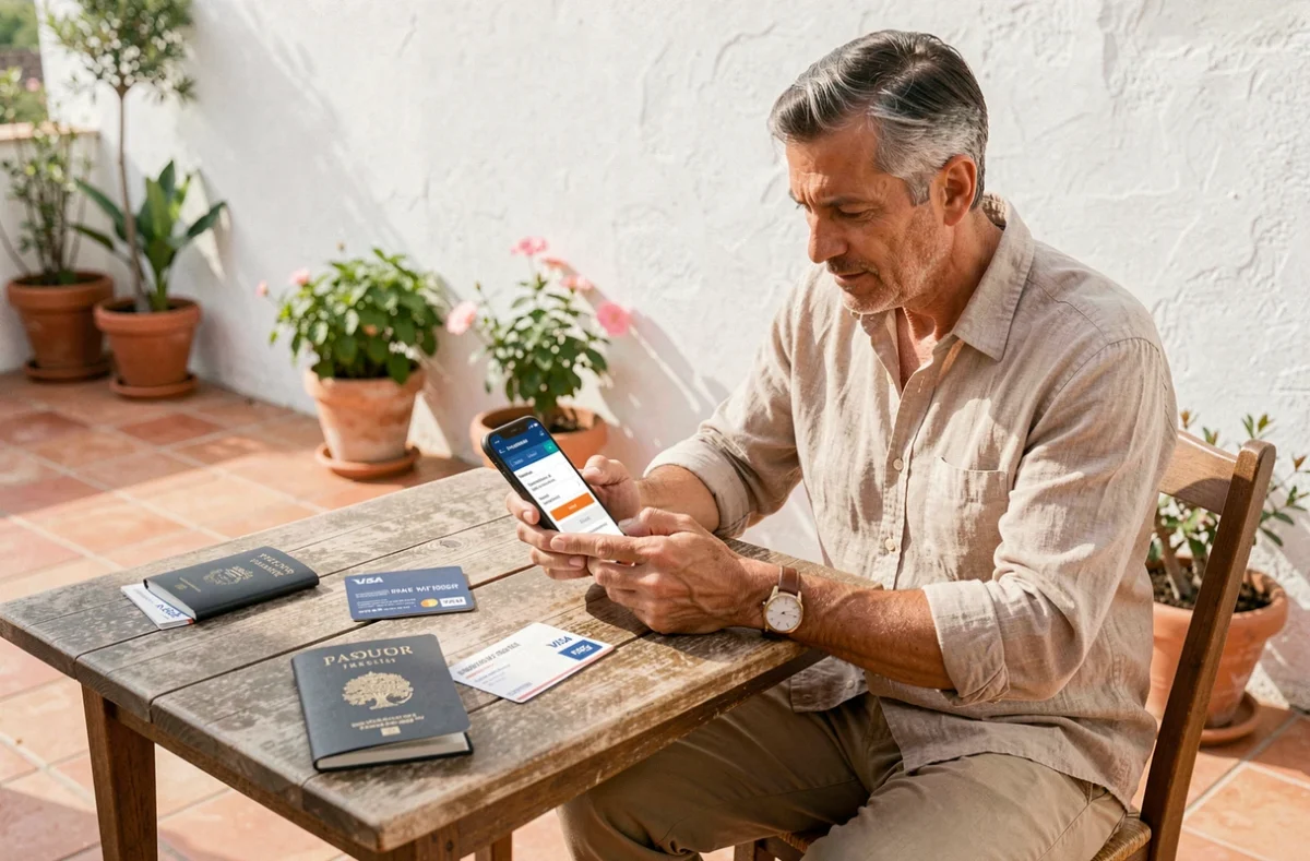 Homme consultant son téléphone pour une assurance voyage avec carte Visa Premier posée sur une table de café à l'étranger, passeport et carte d'embarquement visibles