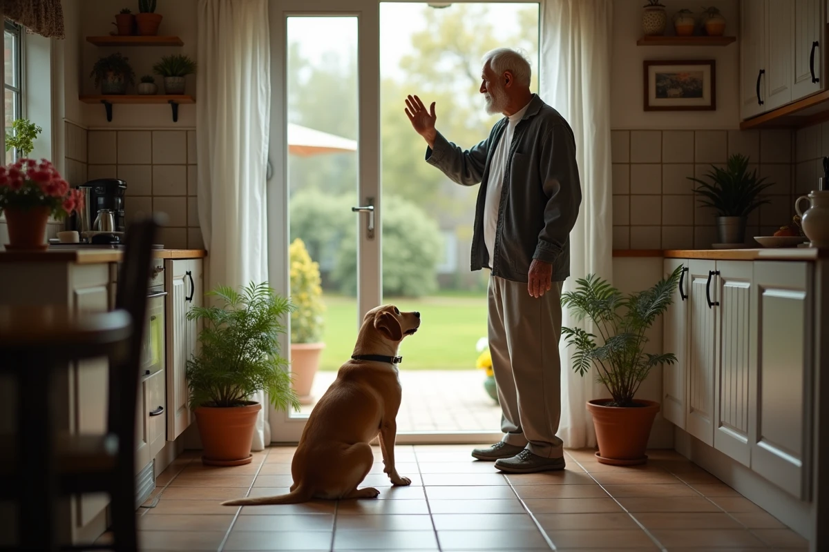 Homme saluant son chien dans la cuisine