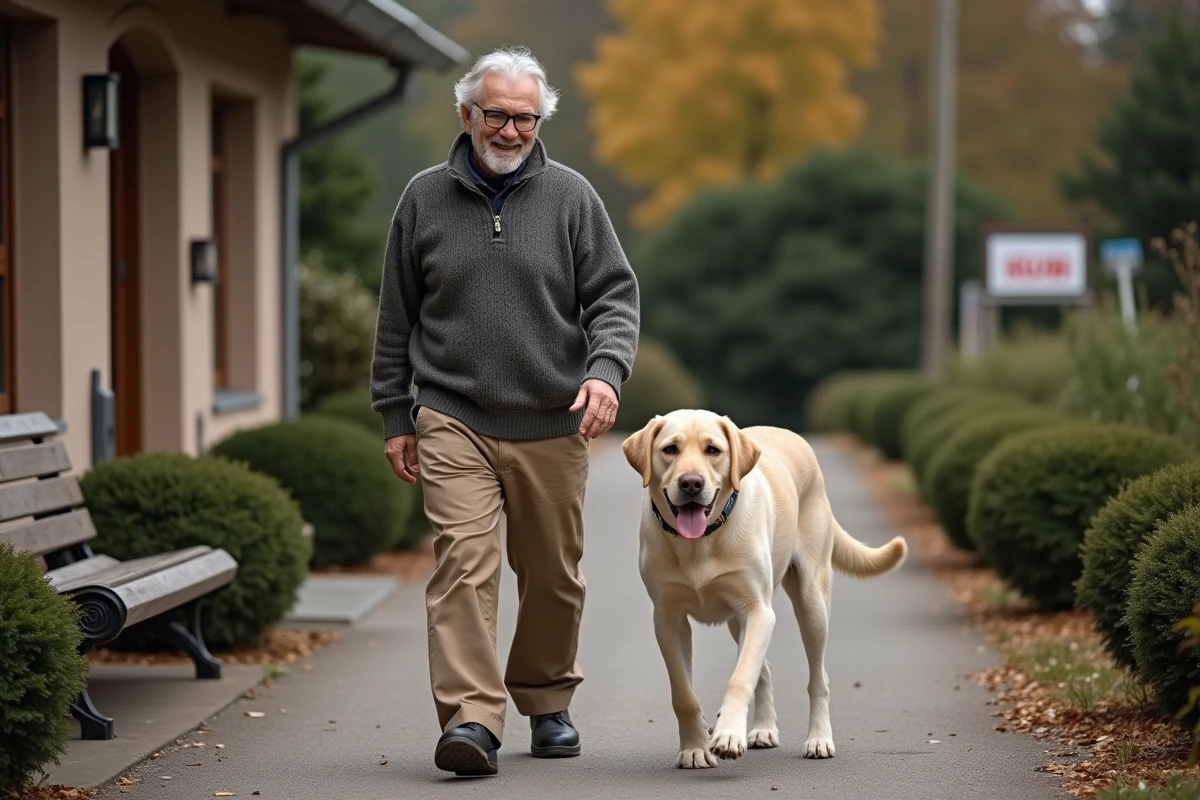 Homme âgé avec Labrador dehors devant refuge animalier