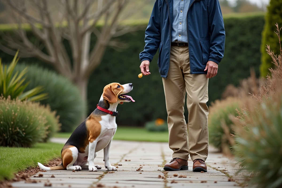 Homme âgé promenant son chien dans le jardin