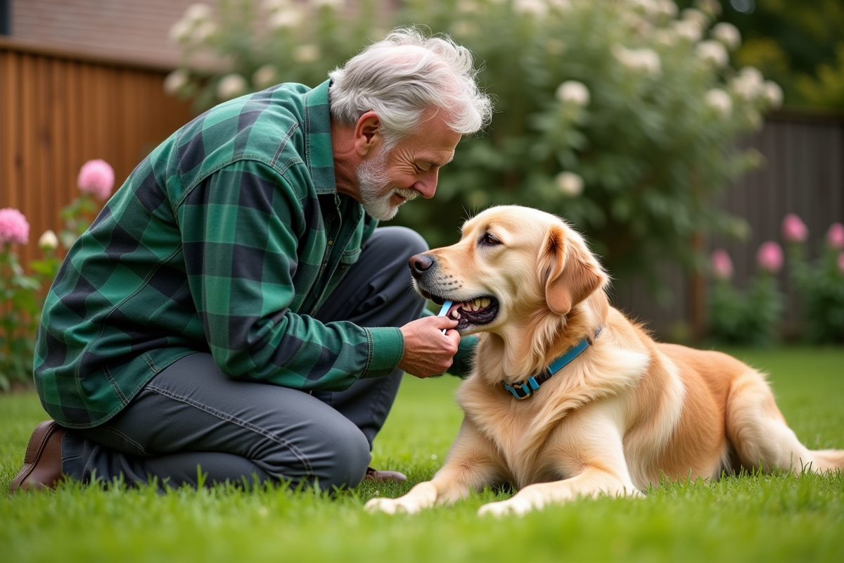 Homme âgé brossant les dents de son chien dans le jardin